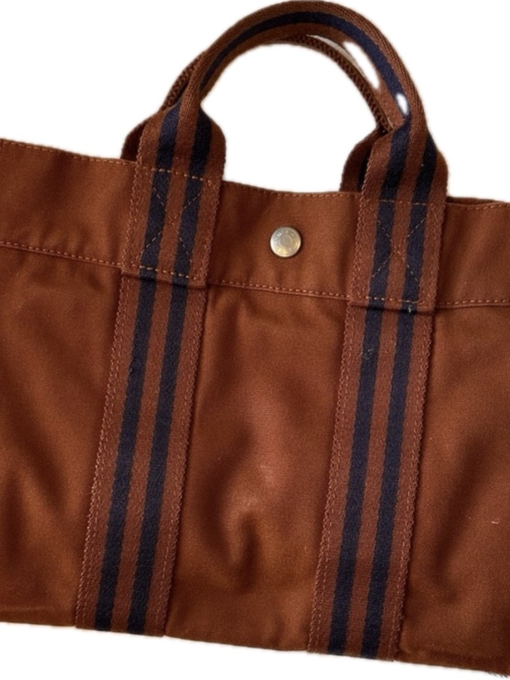 Hermès Small Canvas Tote Brown Navy Stripe PM Handbag